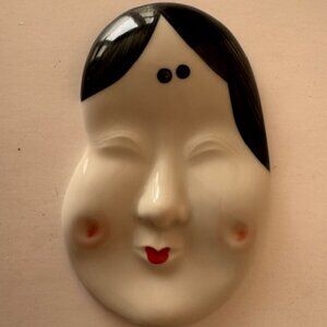 Oriental ceramic face mask. Asian person.  Women. Wall hanging art. Vintage